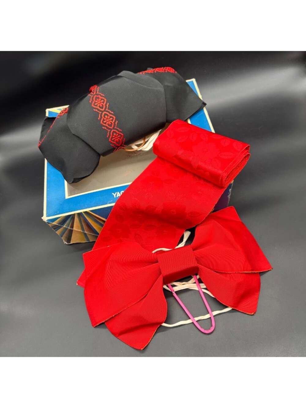 Vintage Japanese Obi Belt Pre Tied Bows Set Red Black Kimono Accessories Retro